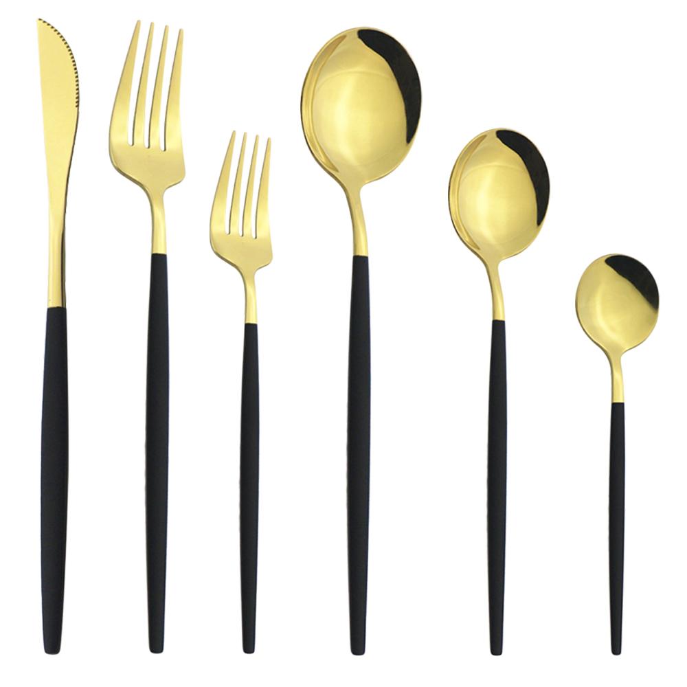 6Pcs/Set Gold Dinnerware Cutlery Set Mirror Stainless Steel Dinner Flatware Knife Dessert Fork Coffee Spoon Tableware Silverware Set