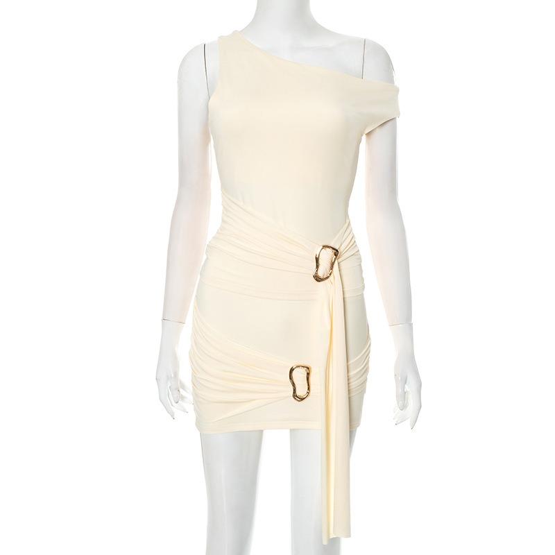 New Summer Slanted Shoulder Sleeveless Short Tank Tops Casual Slim Fit Skirts Women Two-piece Set Y2K Sexy Solid Buckle Hip Skirt Outfits Clothing