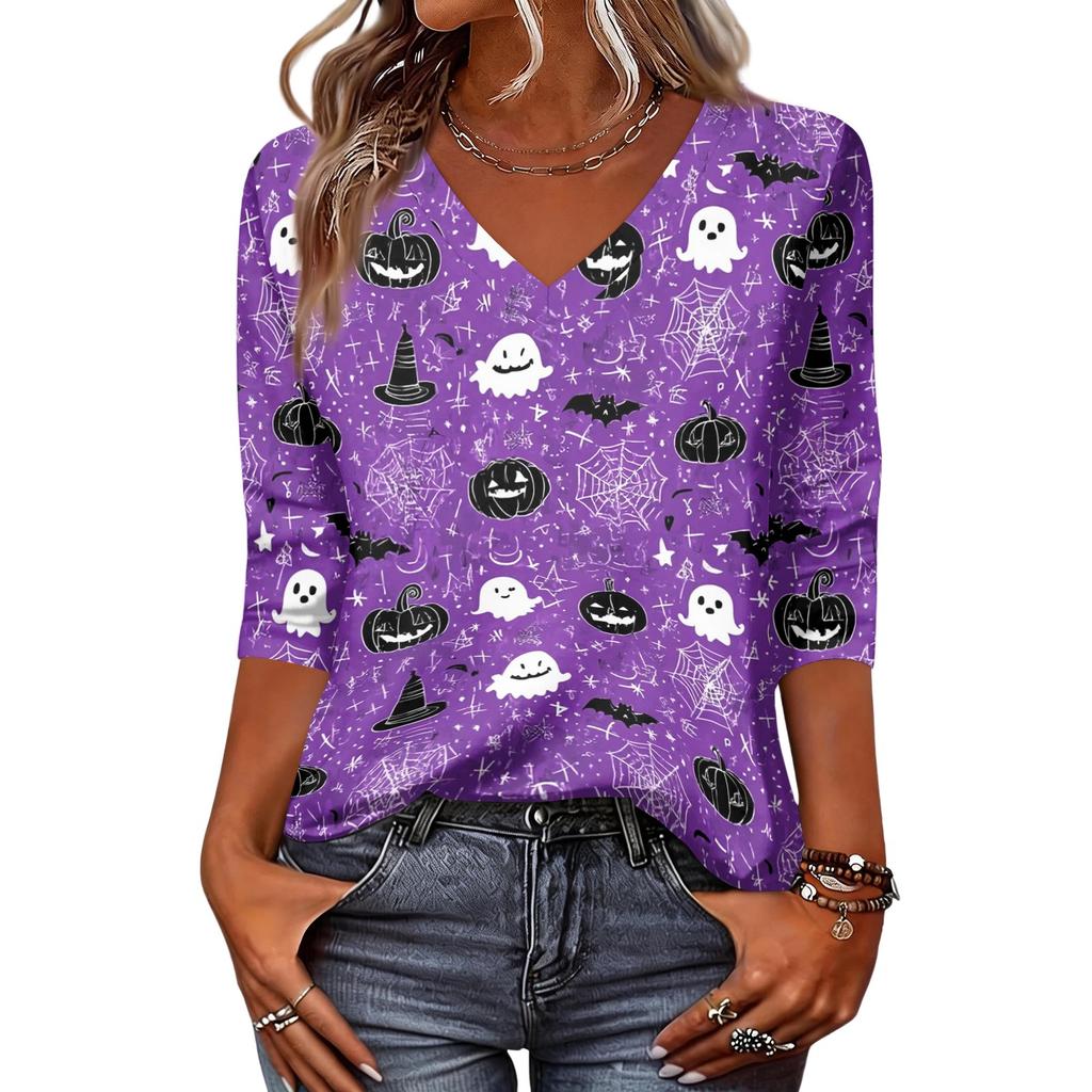 Women's Fashion Casual Halloween Print V-Neck Three-Quarter Sleeve Top