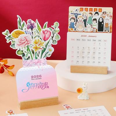 Detachable Base Bloomy Flowers Desk Calendar Wooden Base Monthly Planner  for New Year