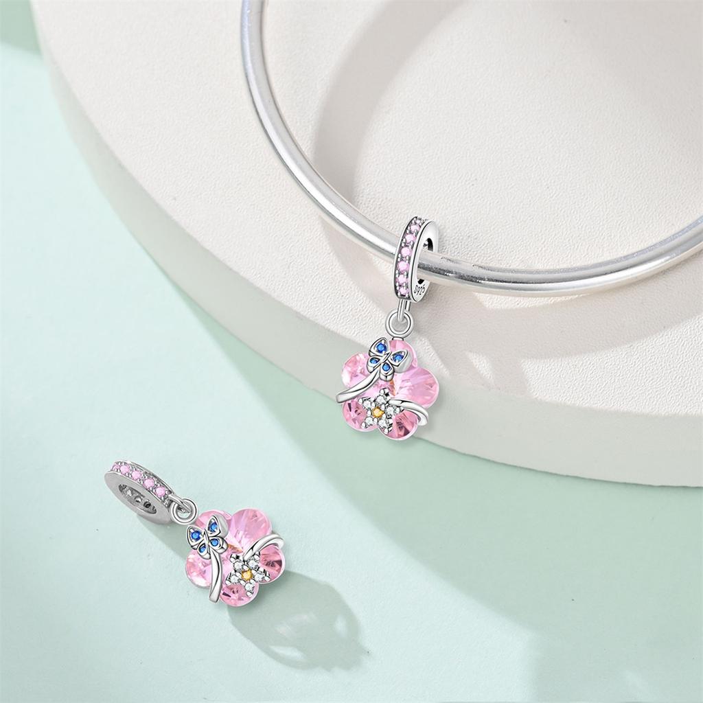 Anniversary Copper Charms Pink Flower Heart Beads Fit Bracelet Necklace Bead Jewelry Making Fine Jewelry Gift