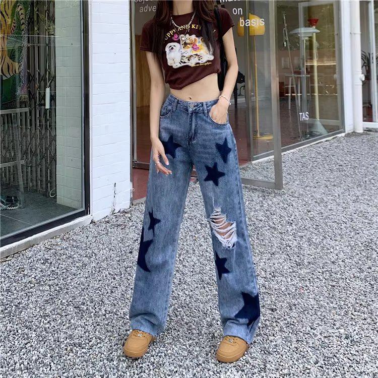 

Women s High Waist Star Print Ripped Jeans - Slimming Loose Straight Wide Leg for Spring/Summer 2025 Extra Large