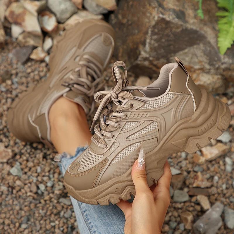 Fashion Retro Khaki Chunky Platform Sneakers Women 2025 Autumn Thick Bottom Breathable Mesh Sports Shoes Non Slip Woman's Hiking Shoes