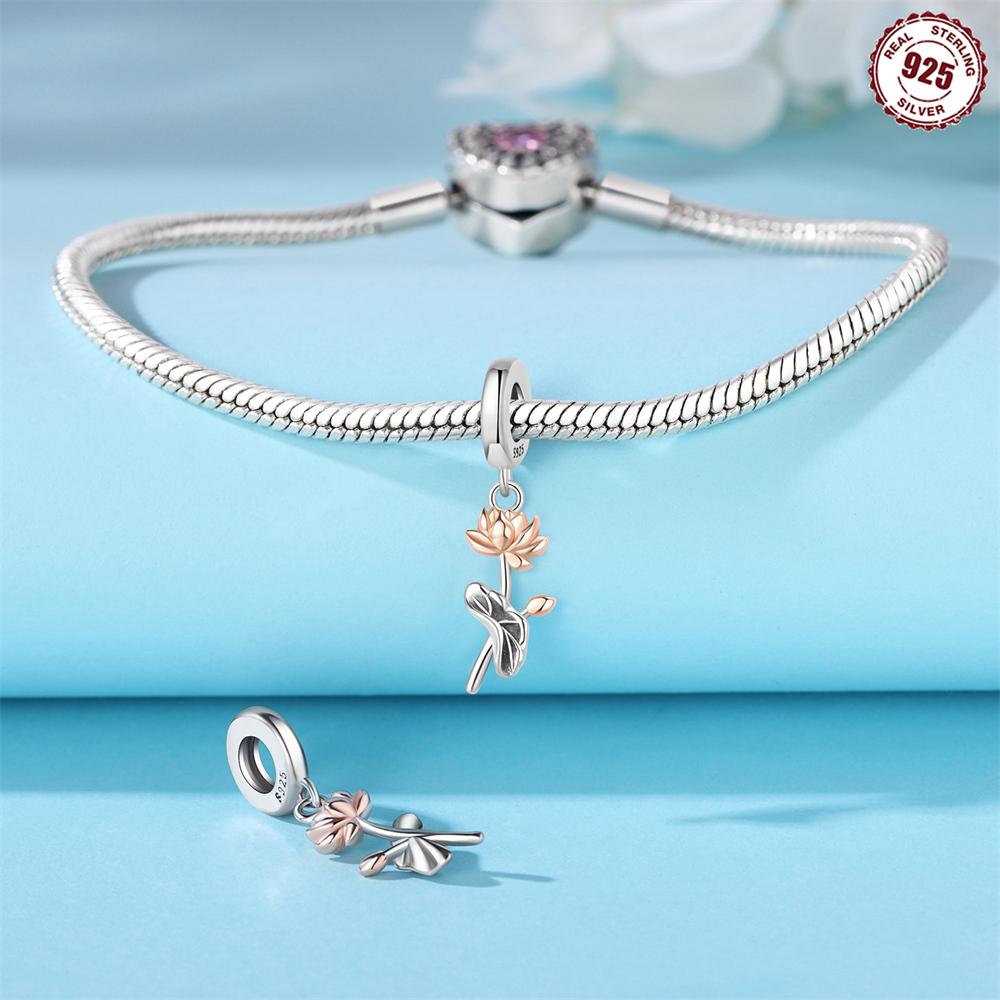 Original Copper Charms Luxury Rose-Gold Lotus Flower Pendant Beads Fit Bracelet Diy Women Making Delicate Gift