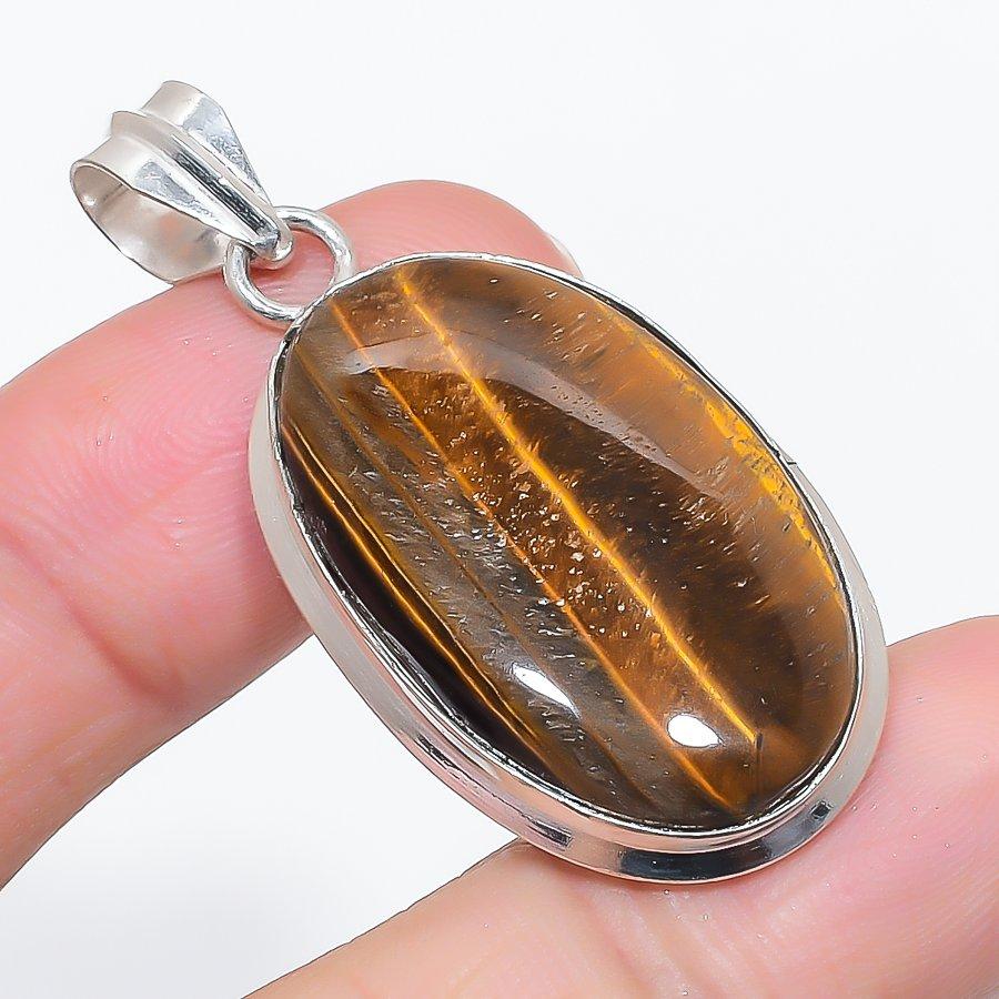 Natural Tiger Eye Gemstone 925 Sterling Silver Jewelry Pendant 1.97" m1F64