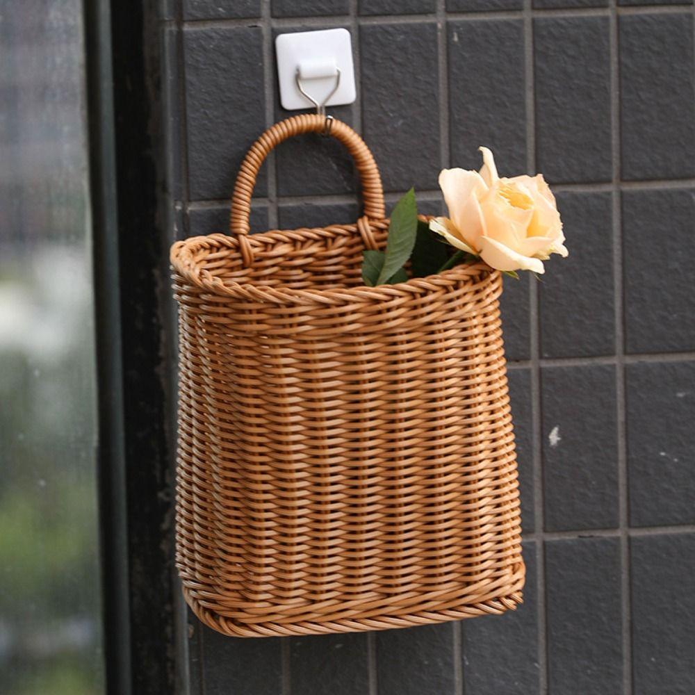 Plastic Rattan Hanging Basket Woven Wall Shelf Basket Vegetable Fruit Storage Baskets  Home