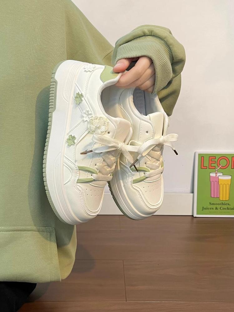 Koreanische Leinenschuhe für Mädchen - 2026 Blumenmuster, Dicke Sohle, Frühling/Herbst, Lässig Weiß