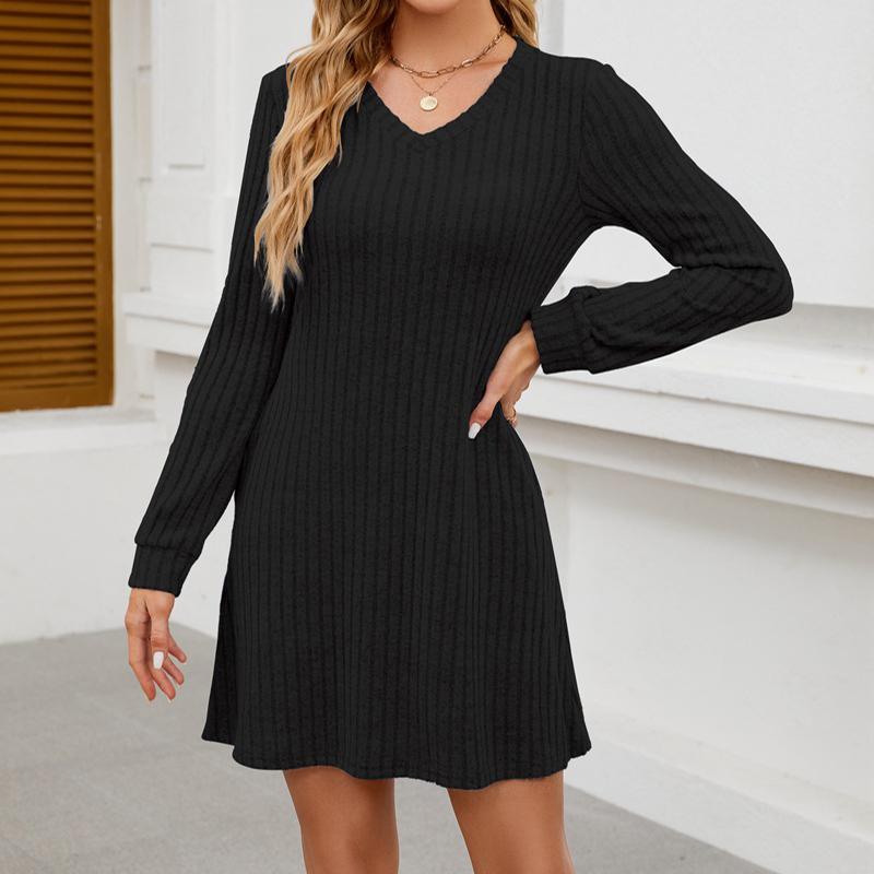 Brushed Ribbed Midi Dress - V-Neck Pocket Long Sleeve
