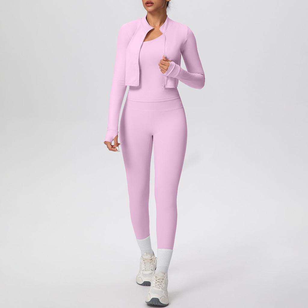 Cloud-like Quick-dry Zipper Jacket & High-waisted Yoga Suit - 3pc Outdoor Running Fitness Set