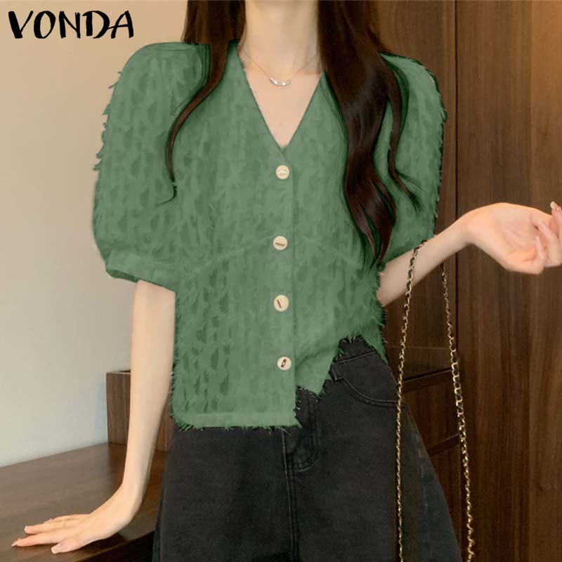 

VONDA женская летняя свободная рубашка с v-образным вырезом и открытой планкой, с короткими рукавами и пуговицами
