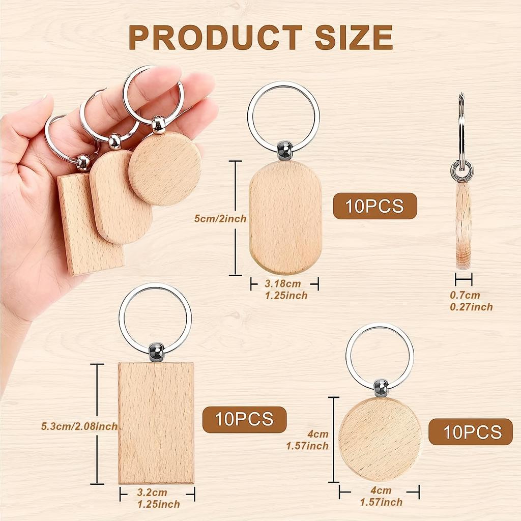 30 sztuk Drewnianych Półfabrykatów do Grawerowania Laserowego - 3 Kształty Półfabrykaty do Breloków, Hurtowe do Rękodzieła DIY, Różne Breloki i Przywieszki do Kluczy