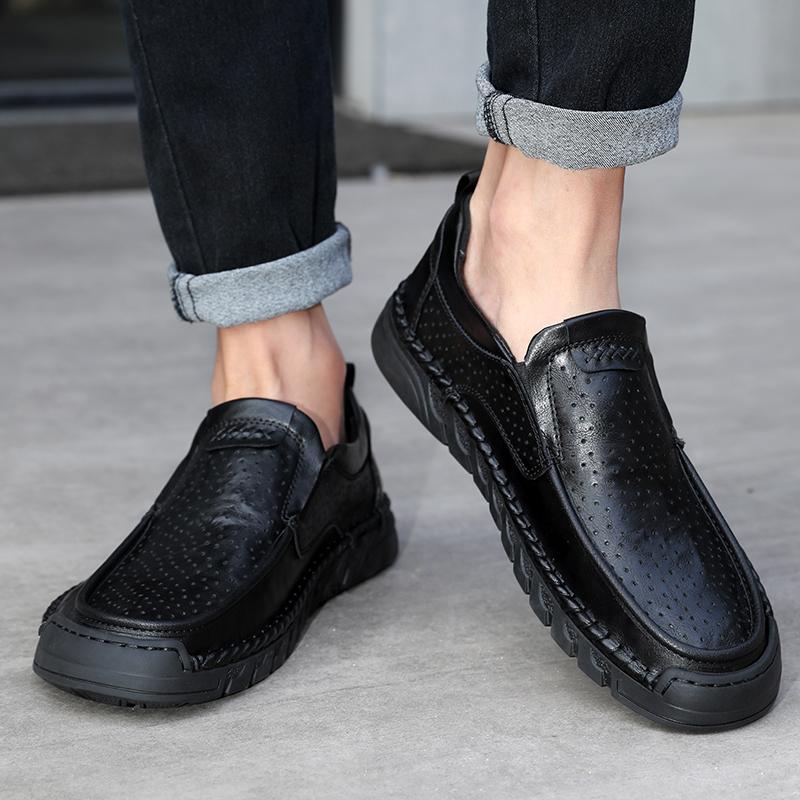 Men's Hollow Leather Shoes Handmade Moccasins Loafers Slip On Flats Walking Shoes