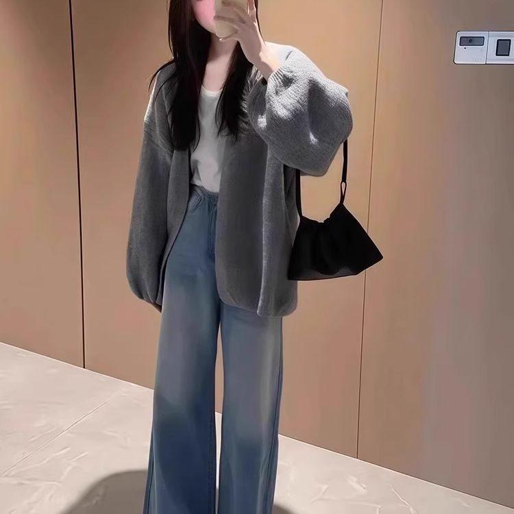 

Женский свободный кардиган Milky Fufu с эффектом похудения - осенне-зимнее пальто-свитер средней длины крупной вязки S (recommended 80-95 jin) серый