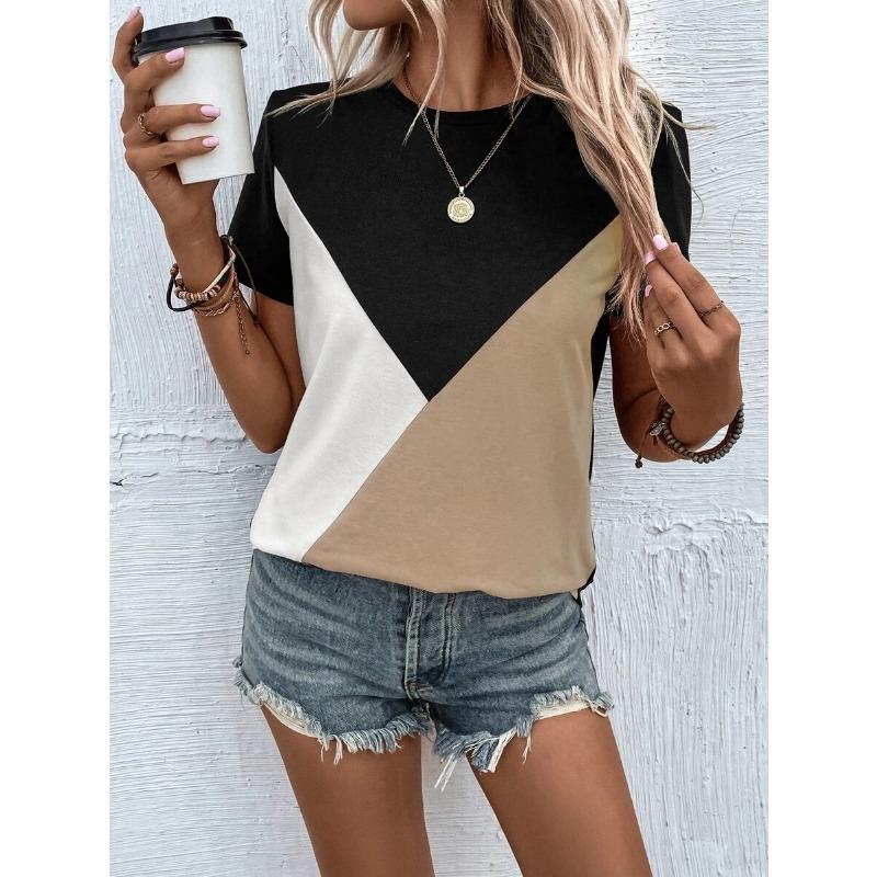 YYFS Women's Fashion Casual Summer Spring Colour Block Print Short Sleeve O-Neck Blouses & Shirts