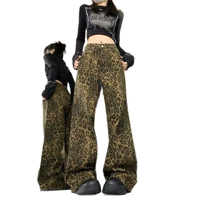 Leopard print denim jeans casual vintage style  boyfriend wide-leg pants
