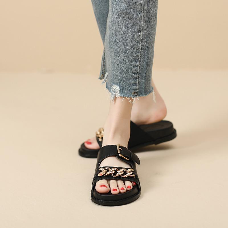 Leather thick-soled cool slippers for women to wear summer fashion beach flat heel one-word large size women's shoes-4