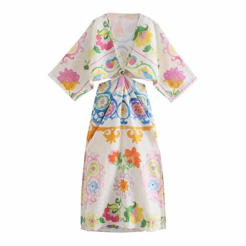 Kaslead New Women Clothes Western Style Print Pattern Slimming Dress Design Sense Long Dress