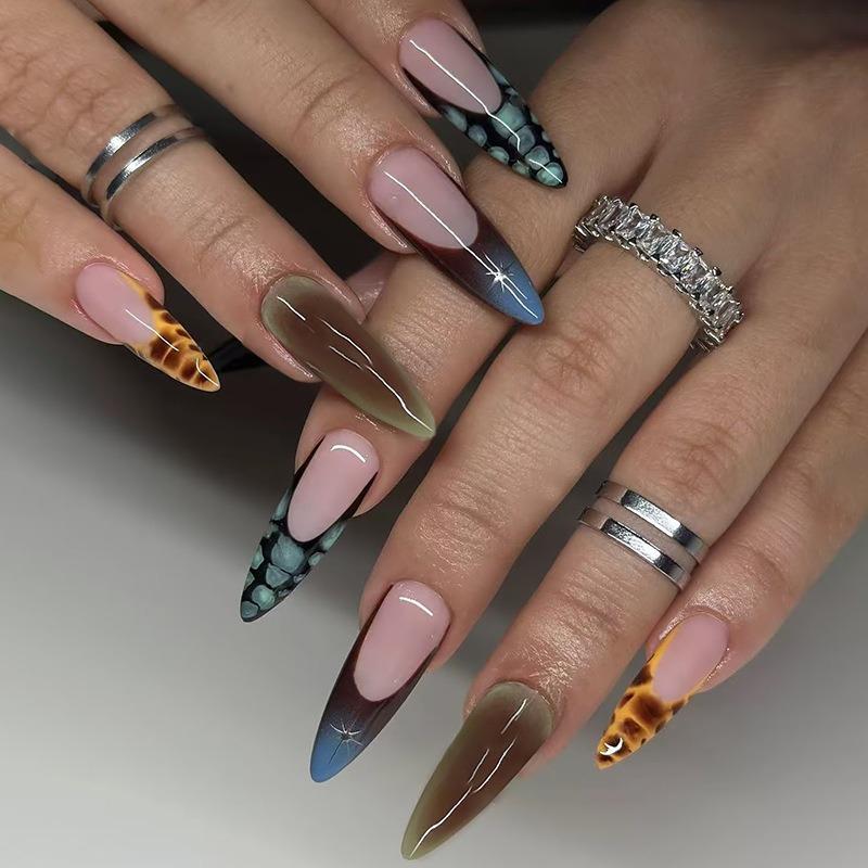 

24PCS Y2k Long Stiletto Press on Nails Retro Tortoiseshell Snake Print Fake Nails Gradient Brown Blue French Tip Acrylic Nails