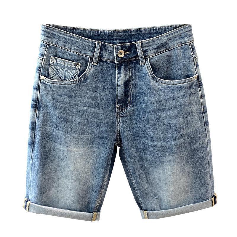 Men's Summer Slim Fit Denim Shorts with Ink-Splashed Print and Diamond Accent