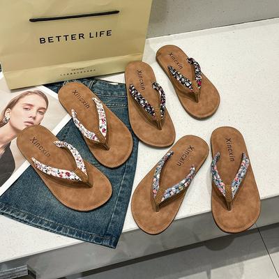 Internet Celebrity Sandals Flip-flops Women Summer Wear Flat-bottomed Vacation Feet Floral Beach Shoes Women Sandals Seaside
