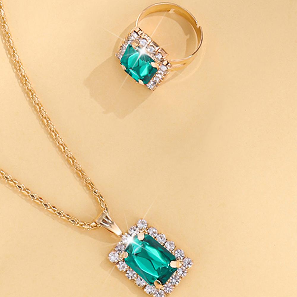 4 Piece Set Women Fashionable Temperament Circular Green Crystal Necklace Bracelet Earring Ring Combination Versatile Exquisite