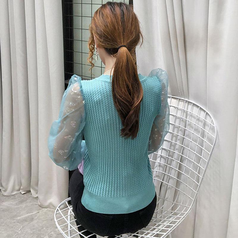 Women's Spring and Autumn Long Sleeve Puff Sleeve Bottoming Shirt Round Neck Slim Top