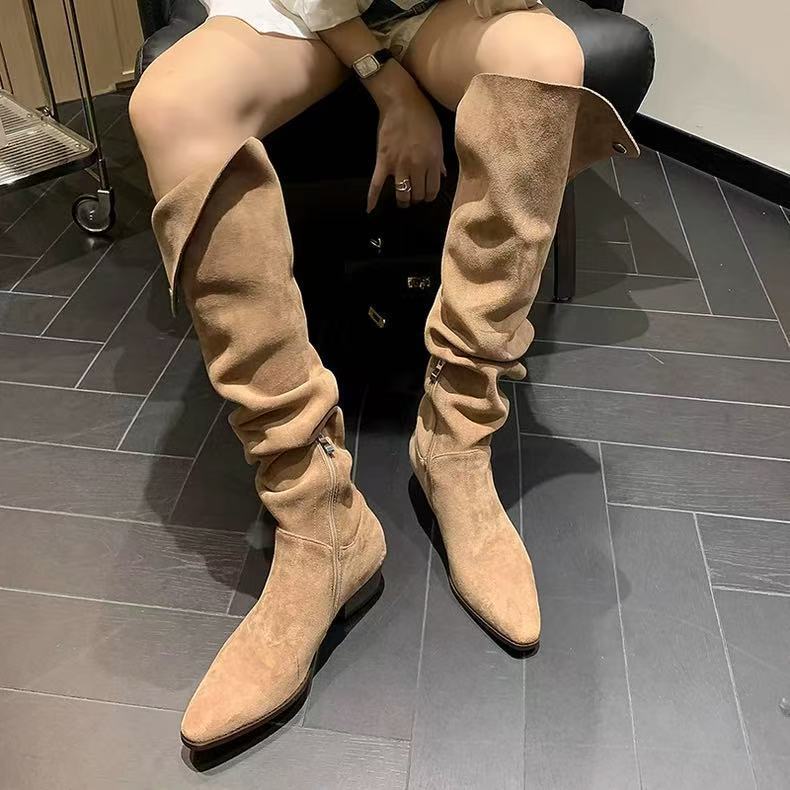 Spot second hair! Maillard pointed pile boots women's western cowboy boots button side zipper thick heel fashion boots women