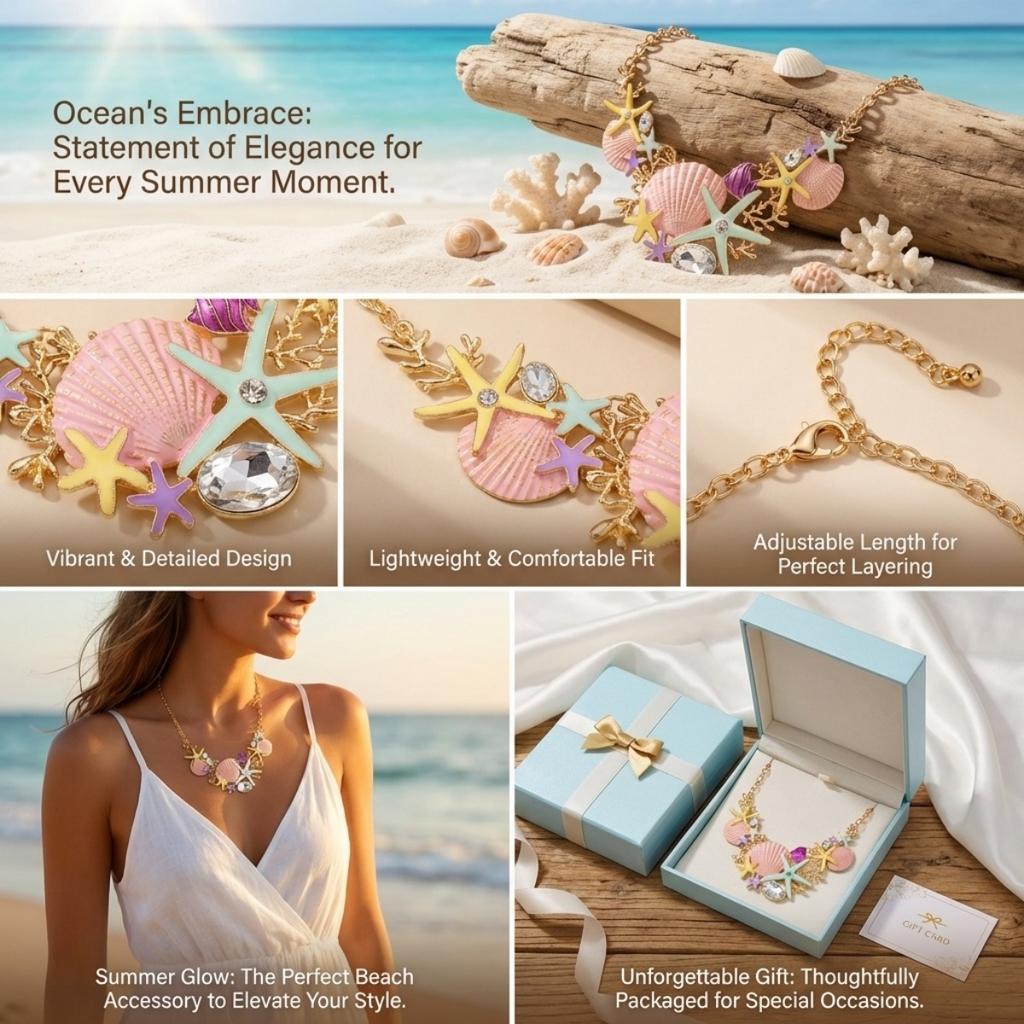 Summer Rhinestone Colorful Enamel Starfish Shell Fish Coral Necklace For Women Men Bohemian Star Beach Vacation Choker Jewelry