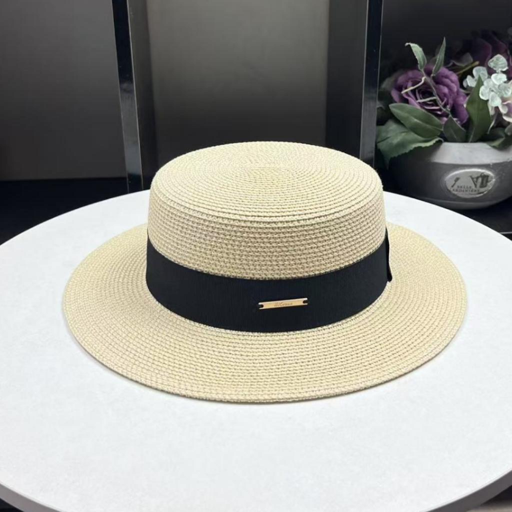 European French Celebrity Small Along Flat Top Straw Top Hat Women's Summer Travel Shade Sun Protection British Versatile Small Basin Hat