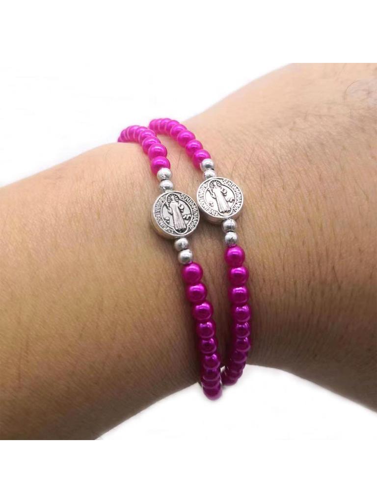 Bohemian Style Double-layer Pink Bead Exorcist Holy Brand Cross Pendant Weaving Ornament Bracelet for Saint