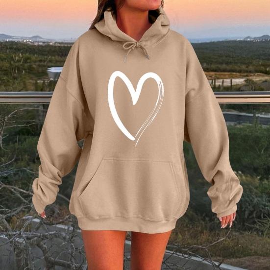 Women's Heart Print Hoodies Fall Long Sleeve Drawstring Pullover Top Oversized Fleece Lined Sweatshirt with Pocket