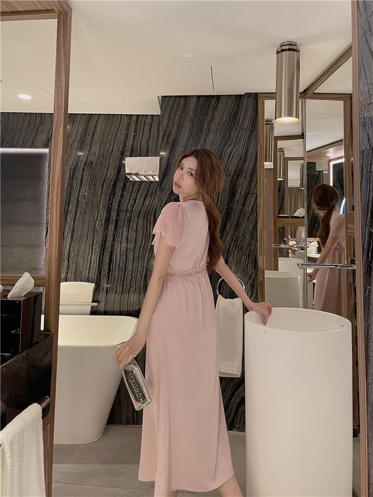 Fairy Lace Ice Silk Maxi Dress with Breast Pads - Sexy Long Sleeve Nightgown for Women, Home & Outdoor Wear