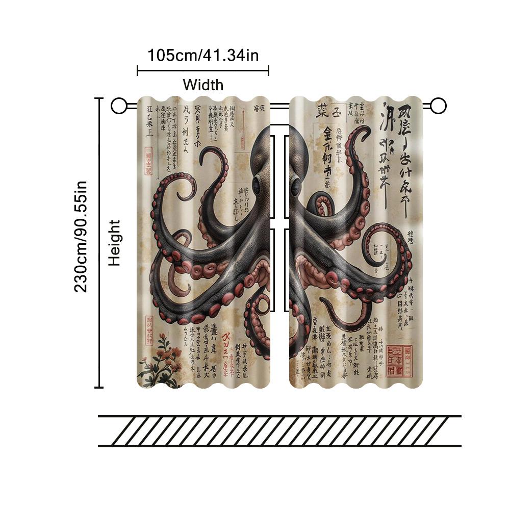 2 Stück, Filtervorhänge (ausgenommen Stangen, unbeweglich, ohne Batterien) Vintage japanischer Oktopushintergrund geeignet für die Verwendung in