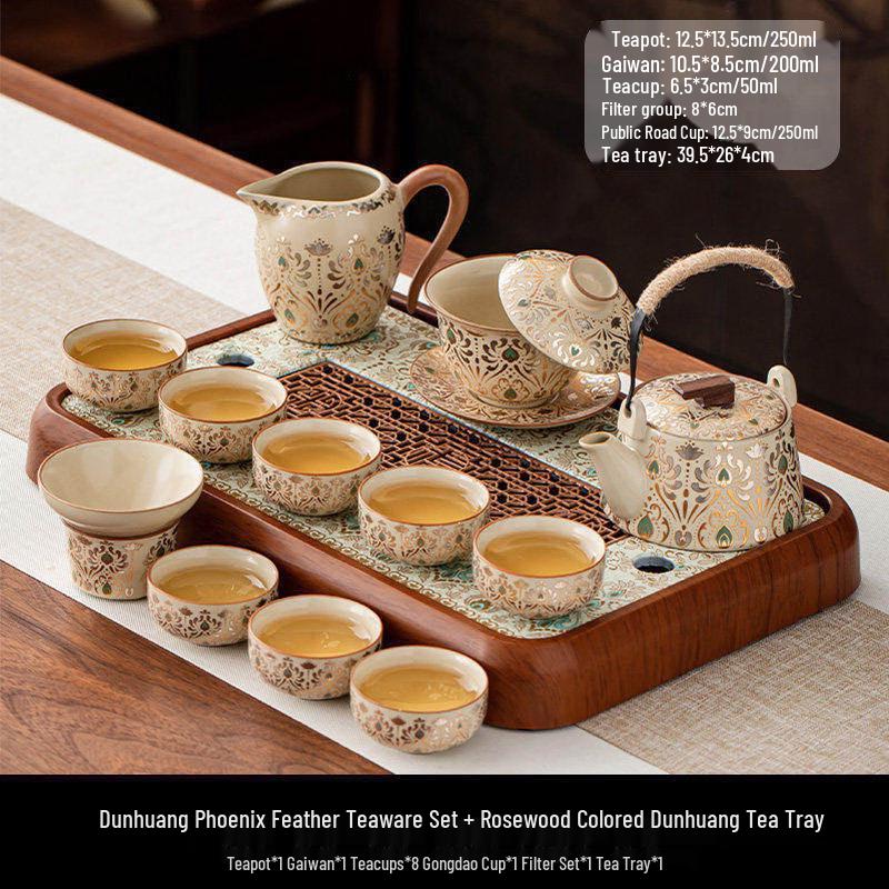12-Piece Dunhuang Ru Kiln Phoenix Tea Set with Rosewood Tray
