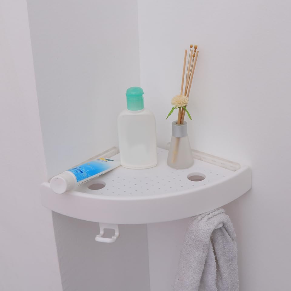 Strong Suction Corner Shelf with Hooks Space-Saving Triangle Storage Rack for Bathroom and Kitchen Load Capacity Easy Installation White