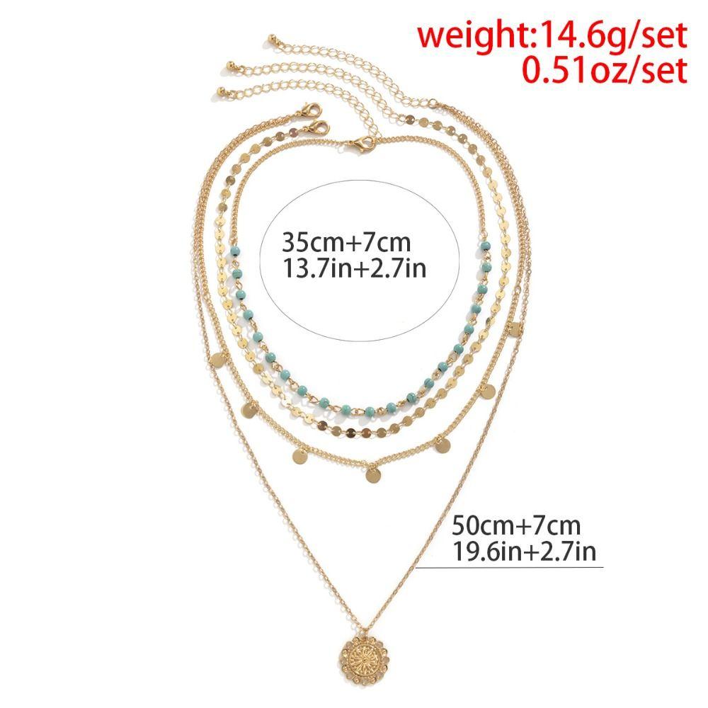 Ethnic Style Turquoise Stone Necklace Golden Multi-layer Necklace Retro Jewelry Set  Women