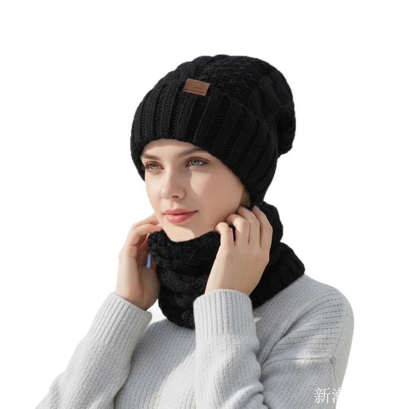 Autumn and winter warm knitted hat scarf set women's ear protectors wool hat outdoor windproof warm headgear solid color versatile