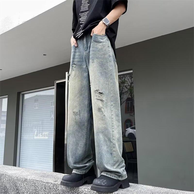 Men'S Retro Washed Vintage Wide Leg Jeans, Men'S Loose Straight Leg Casual Versatile Vibe Hanging Long Pants