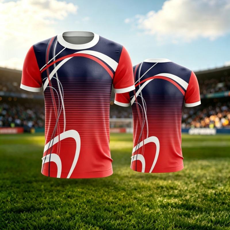 Summer men's red and blue gradient line printed short-sleeved T-shirt sports casual style daily wear