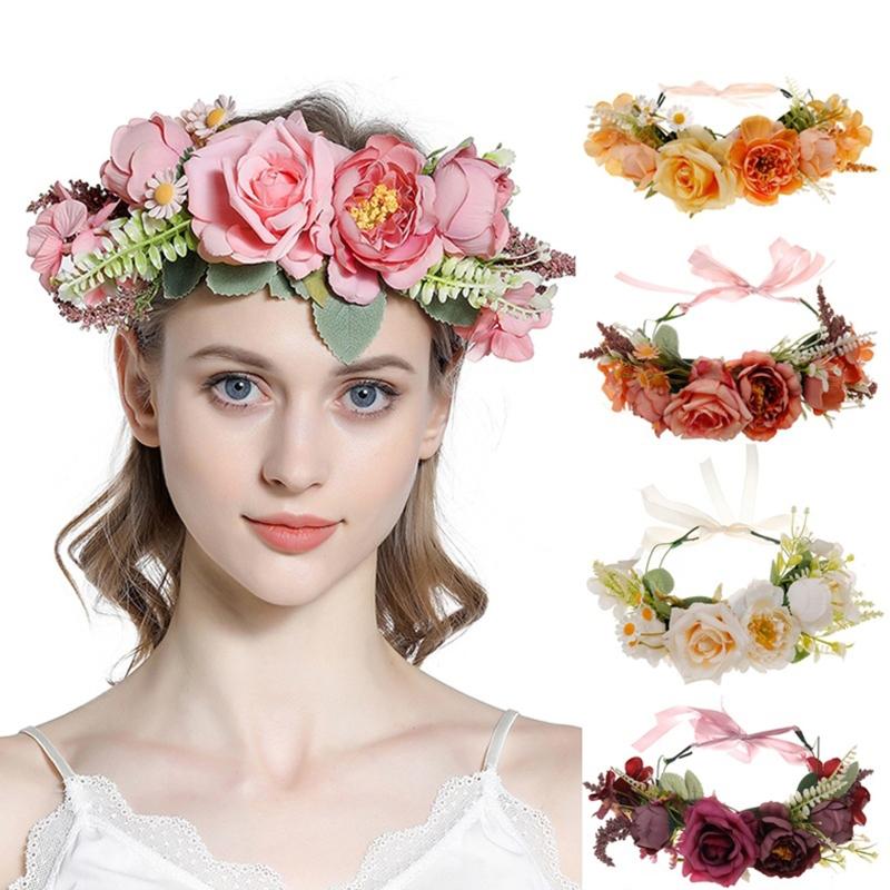 Bride Flower Headband Floral Garland Headpiece Bohemian Flower Crown Headband Boho Bridal Flower Wreath Hair Hoop