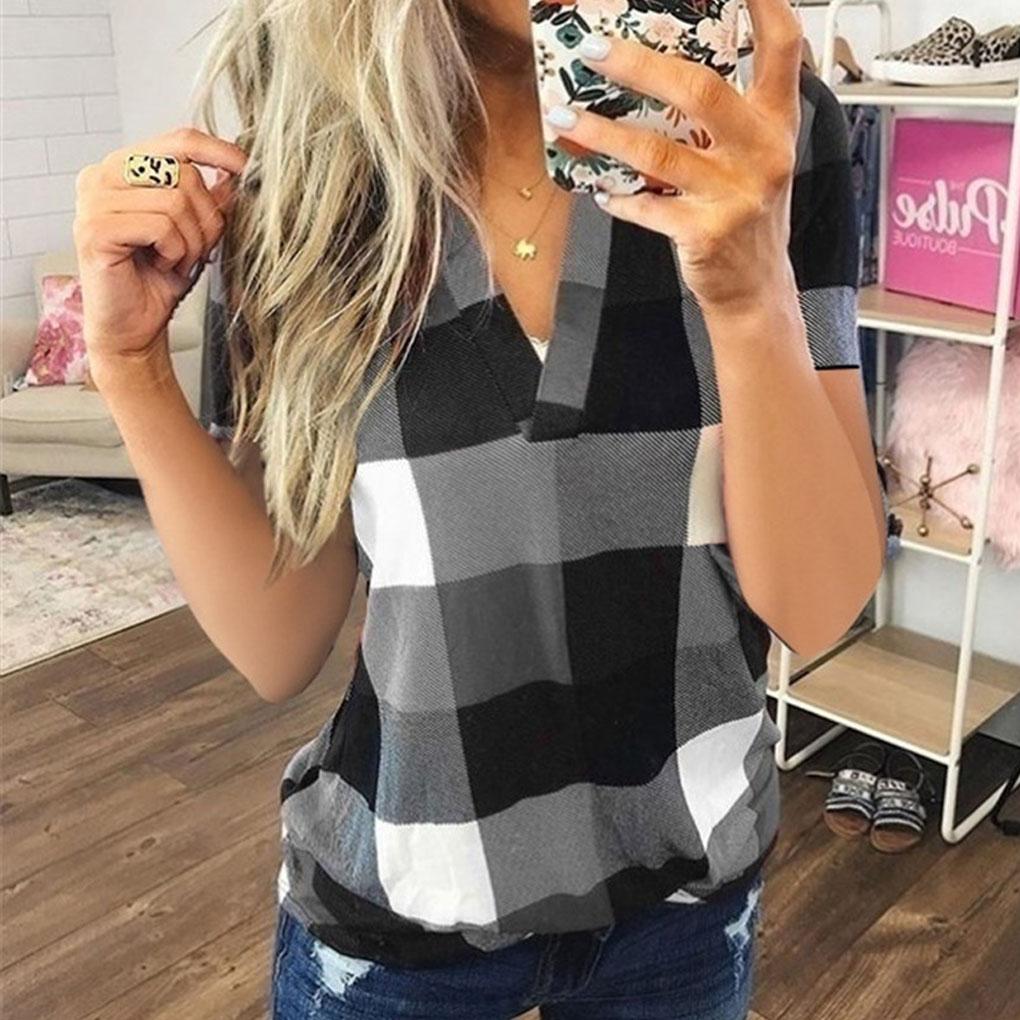 Women T Shirt V Neck Short Sleeve Top Plaid Print Casual Blouse
