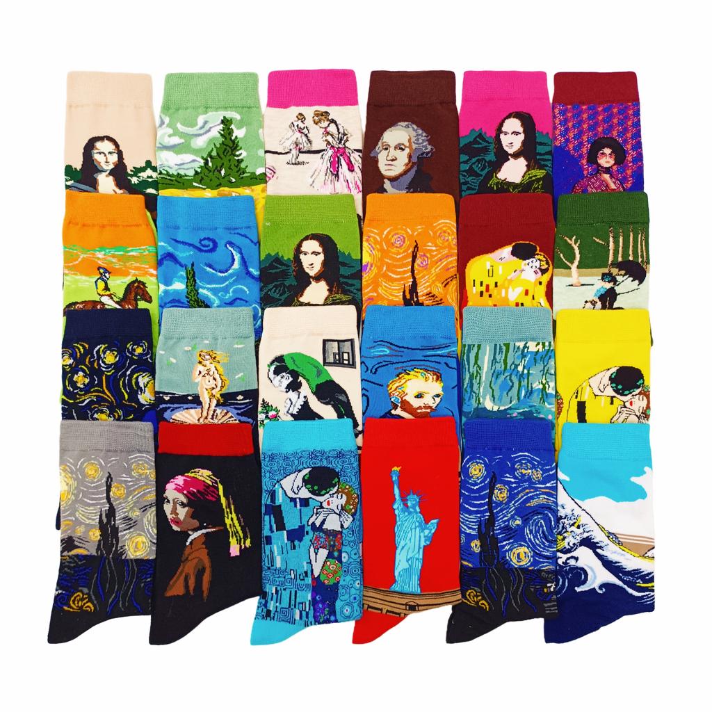 1 pair of European and American trendy socks with personalized street fashion oil painting series socks