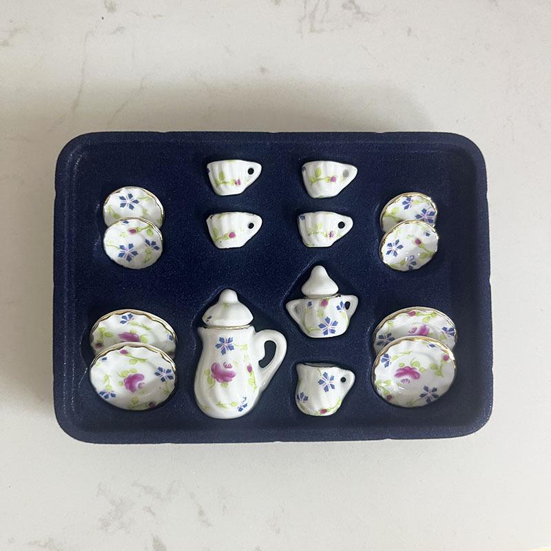 15Pcs/Set Vintage Miniature White Porcelain Tea Set Pot Cup Plate Tableware Dollhouse House Model Room Items Furniture Decor