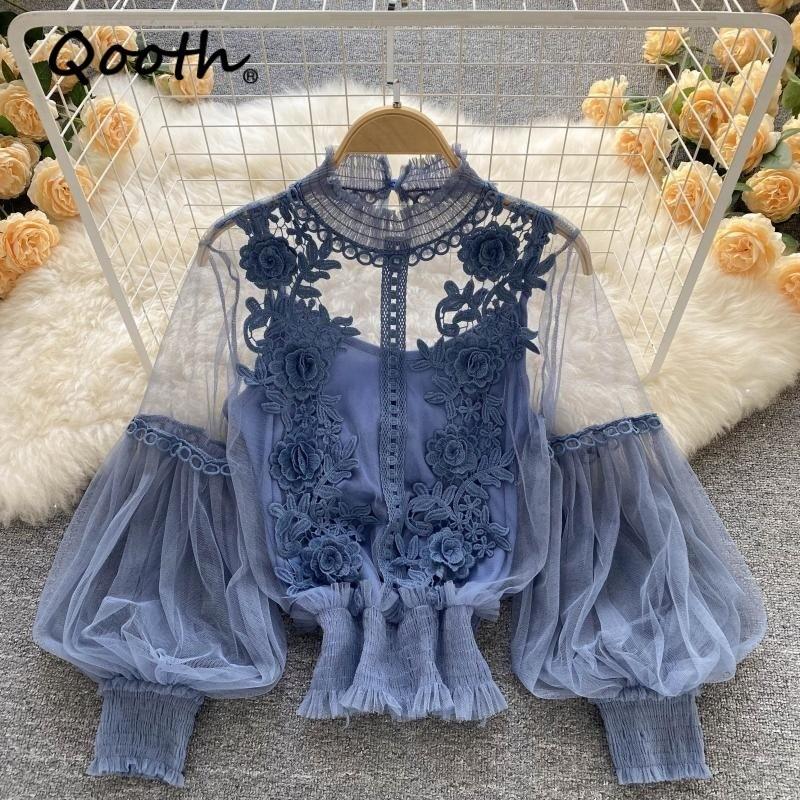 

Qooth Autumn Sweet Flower Long Sleeved Lantern Sleeves Loose Lace Shirt Mesh Top Short Shirt QT2697 One Size синий