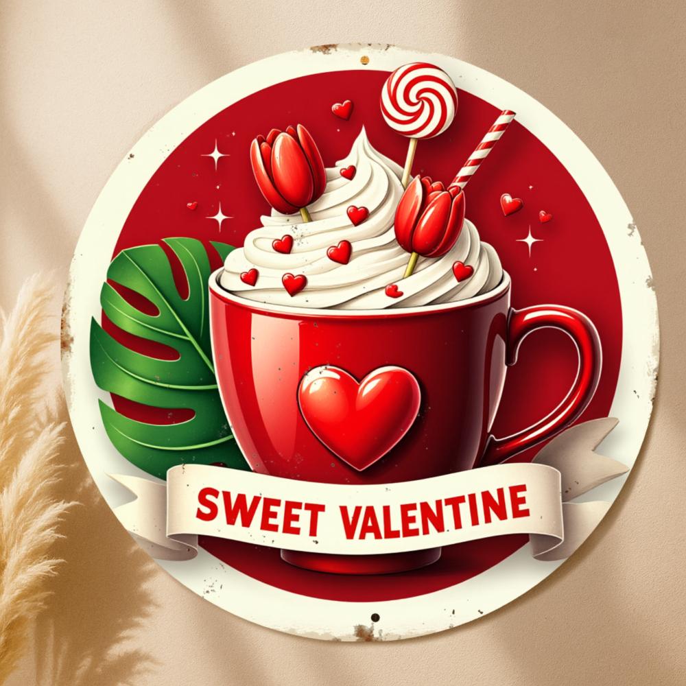 

D Flat Romantic Sweet Valentine Red Coffee Cup Round Metal Tin Sign Whimsical Tulip Lollipop Heart Wall Decor Vintage Valen 20x20cm(8x8inch)