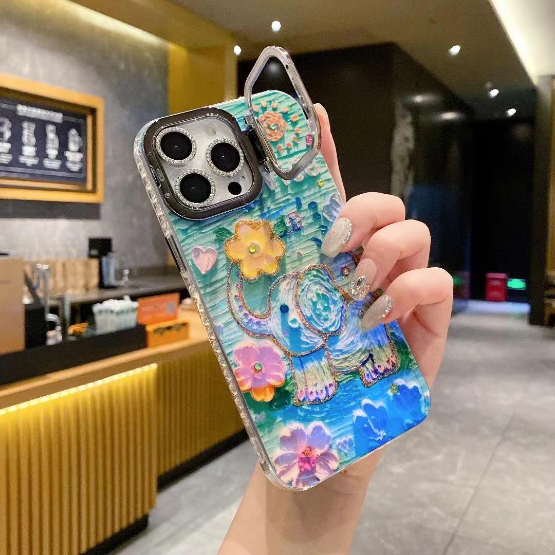 

Подходит для iPhone16proMax Blu-ray Цветок Слон Чехол для мобильного телефона Подставка для объектива Apple 15 Противоударный защитный чехол iPhone16plus