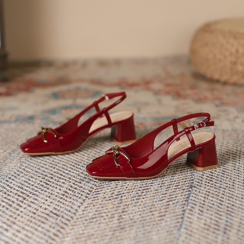 9-5 Rear empty bag head sandals women's summer new square head thick heel horse buckle high heels