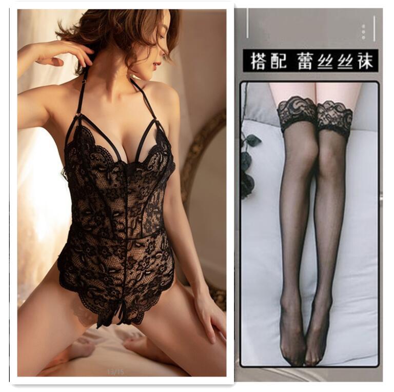 Lace perspective seduction lingerie sexy hot onesie open crotch free sex suit passion pajamas women