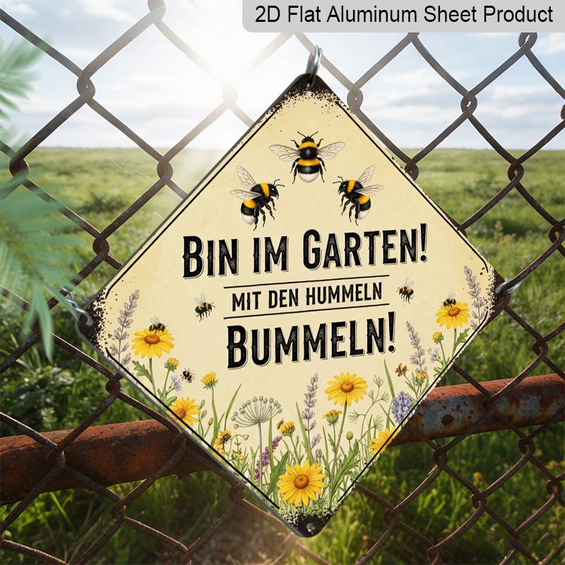 2D Flat Vintage Bee Garden Aluminum Sign, Funny German Slogan Rustic Wall Art with Rusty Edge, Hanging Decor for Garden Yard Patio Farm