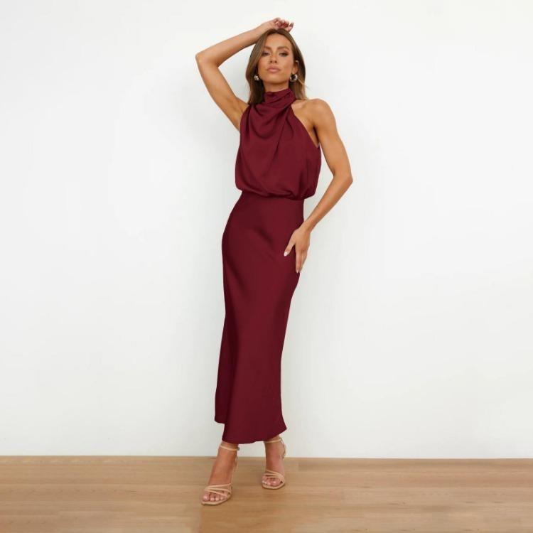 Elegant Women Summer Halter Sleeveless Long A-Line High Waist Solid Color Evening Dresses